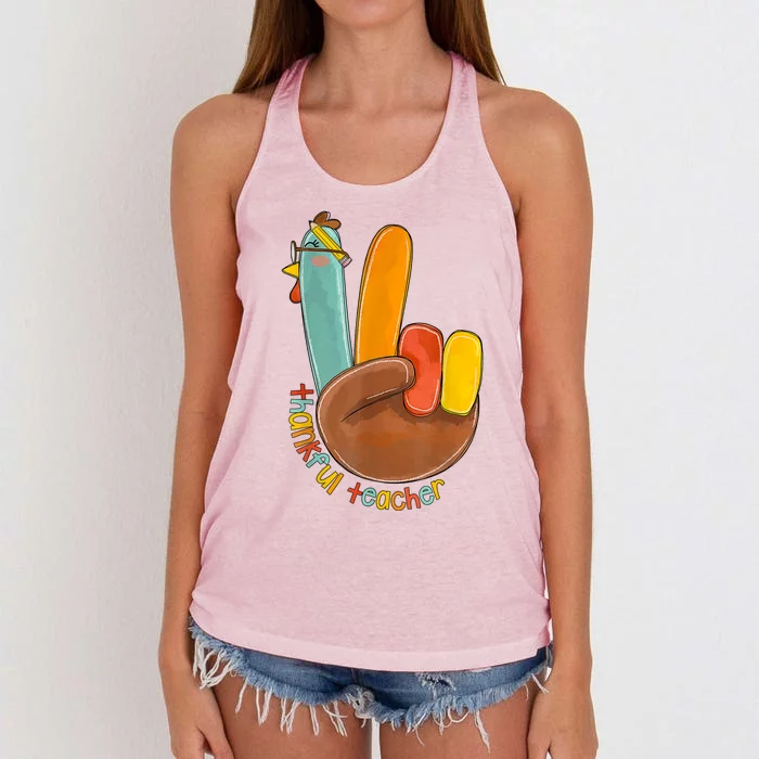 Thankful Teacher Funny Thanksgiving Peace Hand Sign Turkey Women's Knotted Racerback Tank