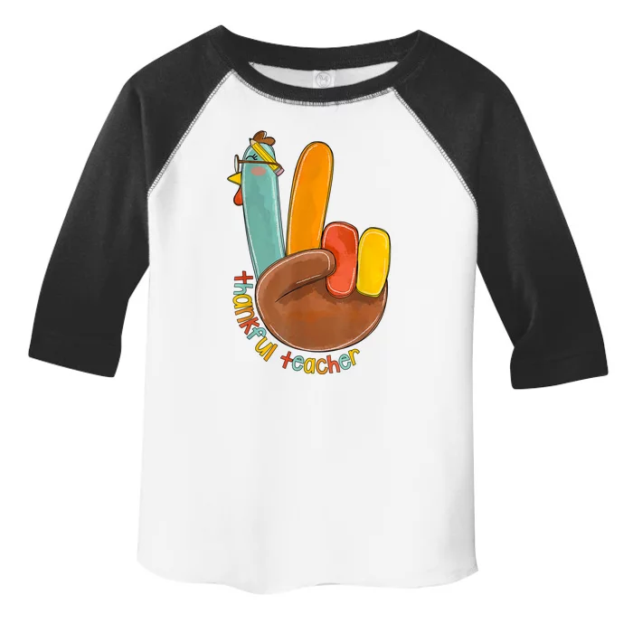 Thankful Teacher Funny Thanksgiving Peace Hand Sign Turkey Toddler Fine Jersey T-Shirt