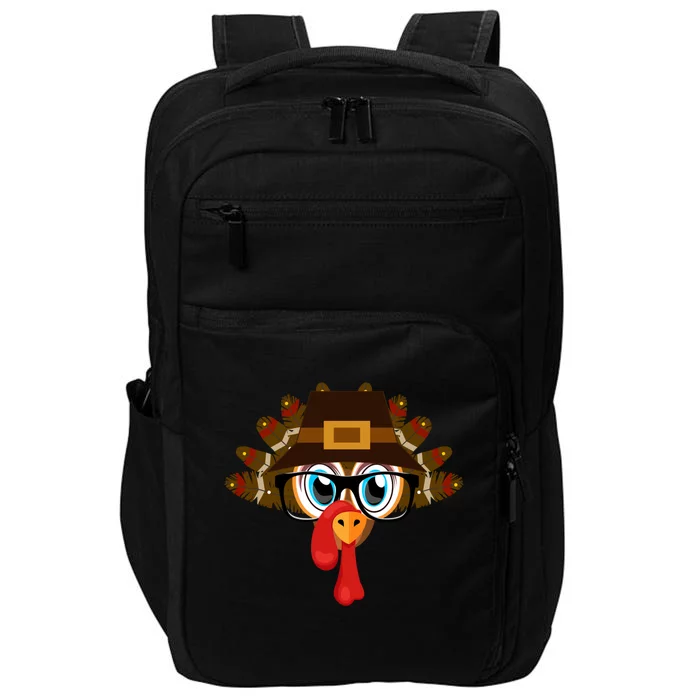 Thanksgiving Turkey Face Pilgrims Hat Glasses Tail Feathers Gift Impact Tech Backpack