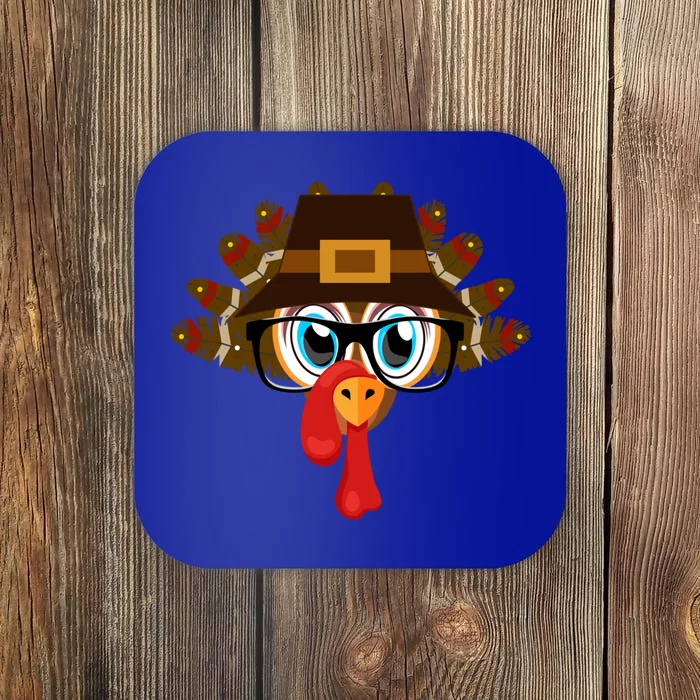 Thanksgiving Turkey Face Pilgrims Hat Glasses Tail Feathers Gift Coaster