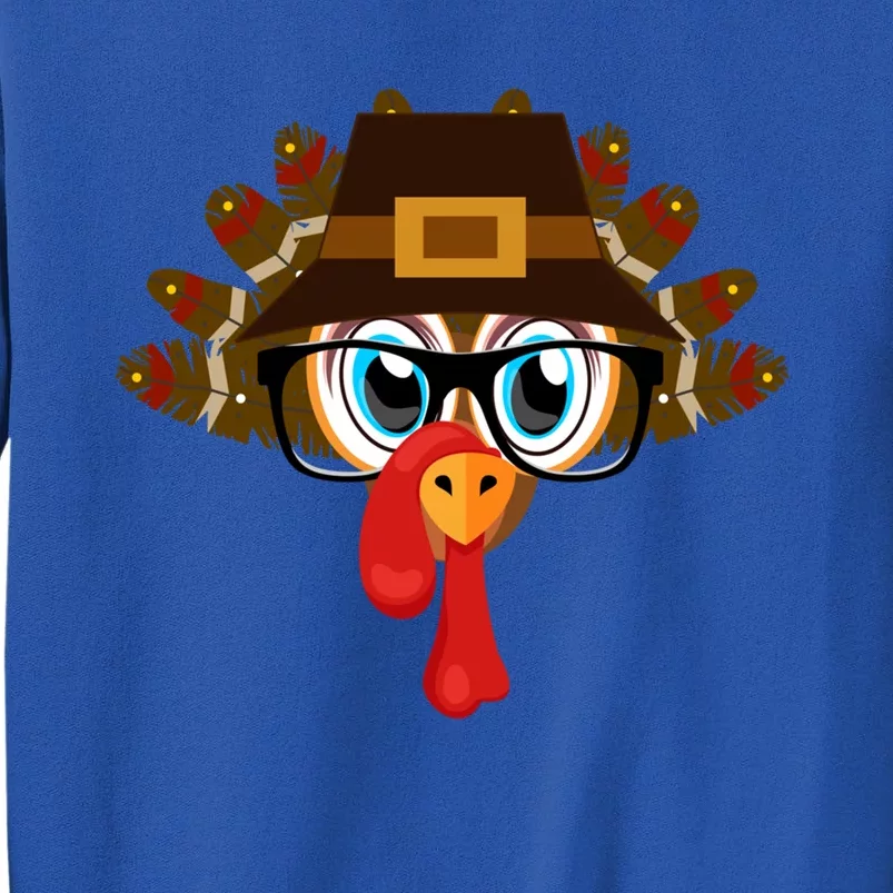 Thanksgiving Turkey Face Pilgrims Hat Glasses Tail Feathers Gift Tall Sweatshirt