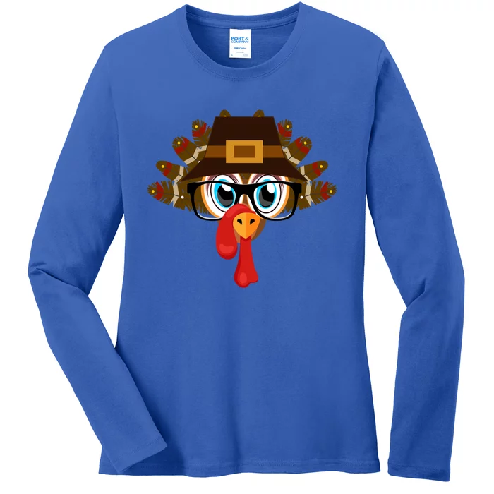 Thanksgiving Turkey Face Pilgrims Hat Glasses Tail Feathers Gift Ladies Long Sleeve Shirt