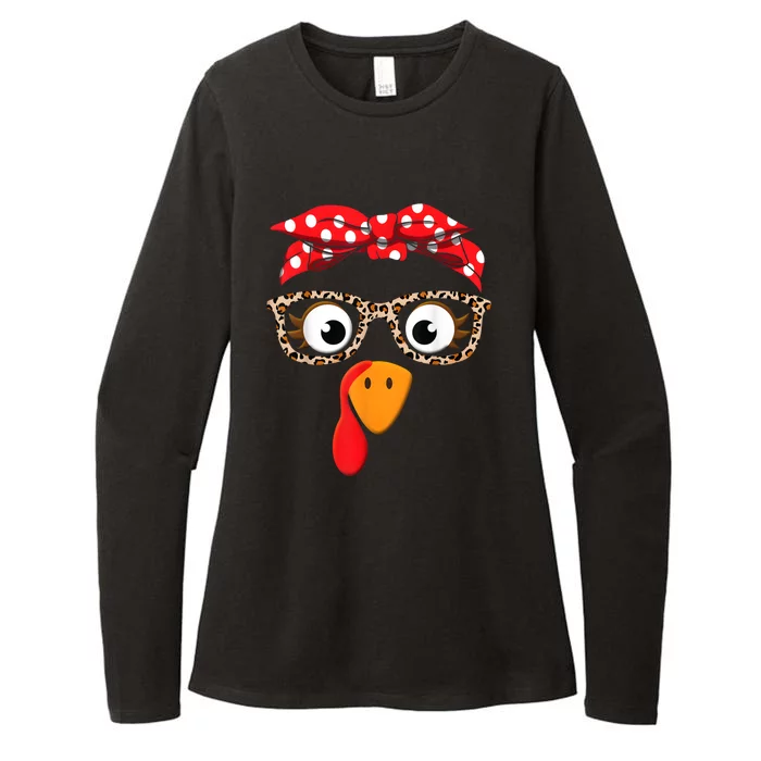 Thanksgiving Turkey Face Leopard Print Glasses Womens CVC Long Sleeve Shirt