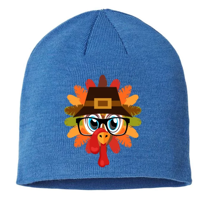 Thanksgiving Turkey Face Pilgrims Hat Glasses Tail Feathers Gift 8 1/2in Sustainable Knit Beanie