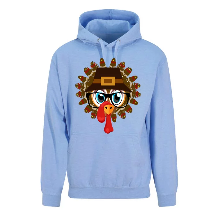 Thanksgiving Turkey Face Pilgrims Hat Glasses Tail Feathers Gift Unisex Surf Hoodie