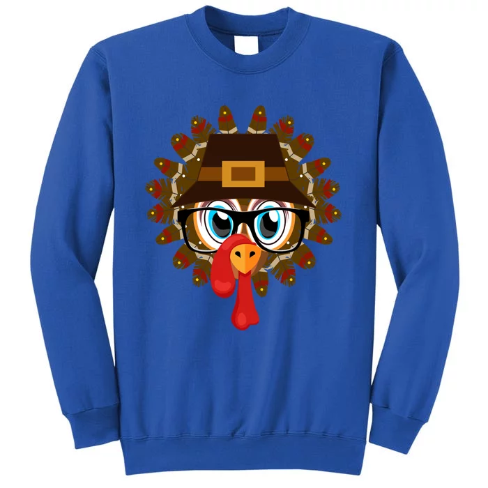 Thanksgiving Turkey Face Pilgrims Hat Glasses Tail Feathers Gift Sweatshirt