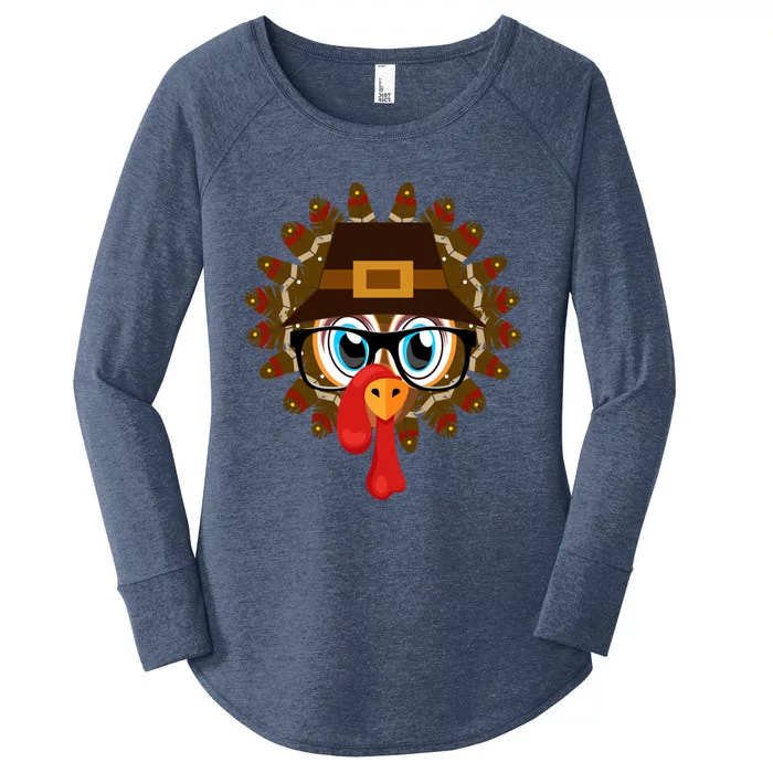 Thanksgiving Turkey Face Pilgrims Hat Glasses Tail Feathers Gift Women's Perfect Tri Tunic Long Sleeve Shirt