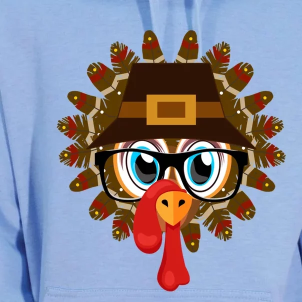 Thanksgiving Turkey Face Pilgrims Hat Glasses Tail Feathers Gift Unisex Surf Hoodie