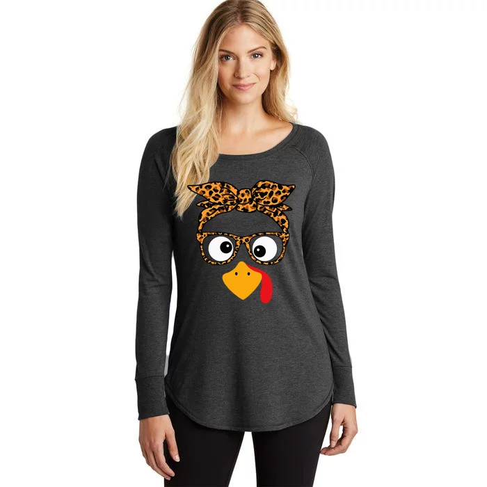 Thanksgiving Turkey Face Leopard Print Glasses Autumn Fall Women's Perfect Tri Tunic Long Sleeve Shirt