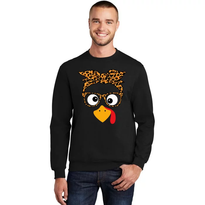 Thanksgiving Turkey Face Leopard Print Glasses Autumn Fall Tall Sweatshirt