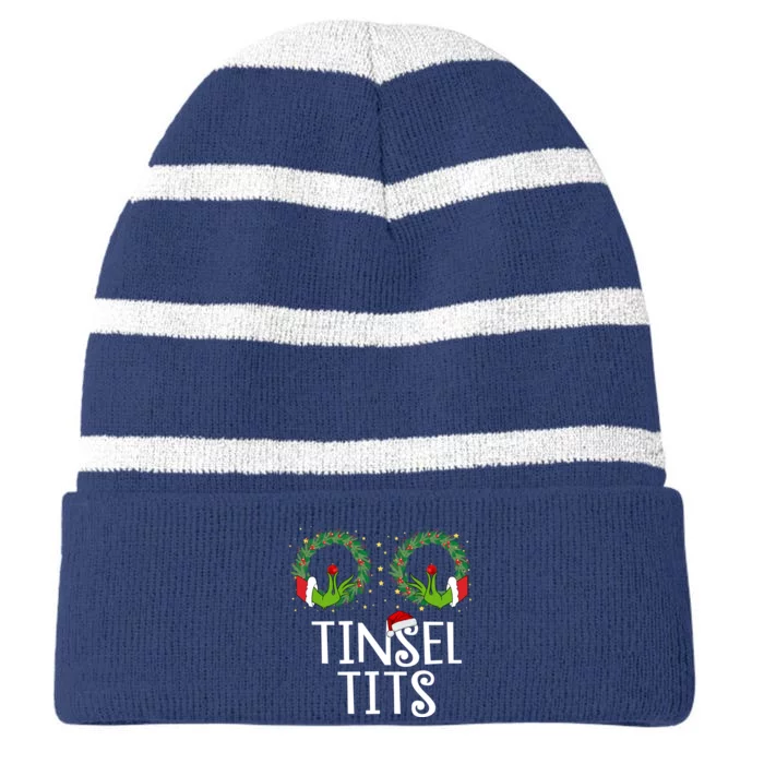 Tinsel Tits Funny Christmas Striped Beanie with Solid Band