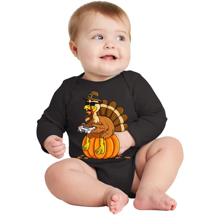 Thanksgiving Turkey Gamer Pumpkin Gaming Baby Long Sleeve Bodysuit