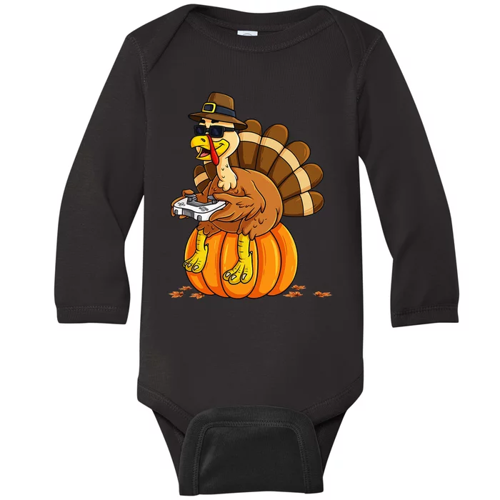 Thanksgiving Turkey Gamer Pumpkin Gaming Baby Long Sleeve Bodysuit