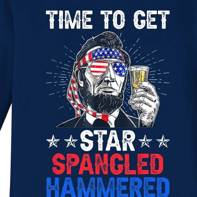 Time To Get Star Spangled Hammered 4th Of July Lincoln Baby Long Sleeve Bodysuit