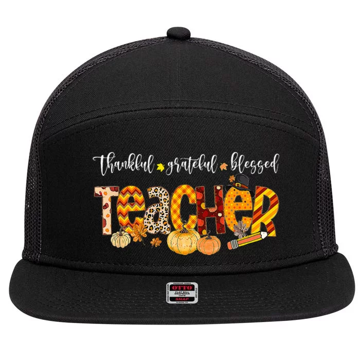 Teacher Thankful Grateful Blessed Pumpkin Autumn Fall Outfit 7 Panel Mesh Trucker Snapback Hat