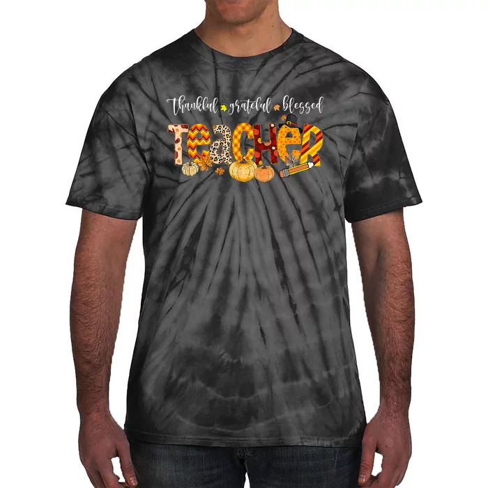 Teacher Thankful Grateful Blessed Pumpkin Autumn Fall Outfit Tie-Dye T-Shirt