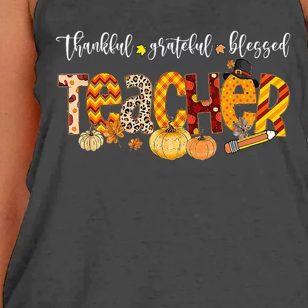 Teacher Thankful Grateful Blessed Pumpkin Autumn Fall Outfit Women's Knotted Racerback Tank