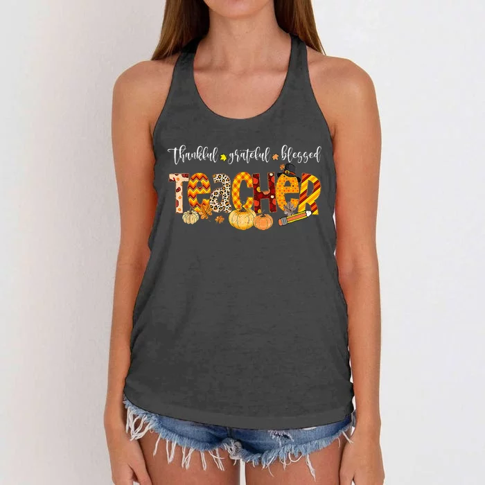 Teacher Thankful Grateful Blessed Pumpkin Autumn Fall Outfit Women's Knotted Racerback Tank