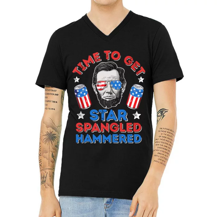 Time To Get Star Spangled Hammered Beer USA Flag 4th Of July V-Neck T-Shirt