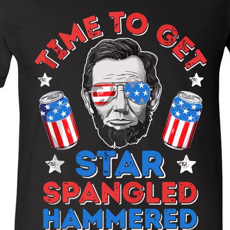 Time To Get Star Spangled Hammered Beer USA Flag 4th Of July V-Neck T-Shirt