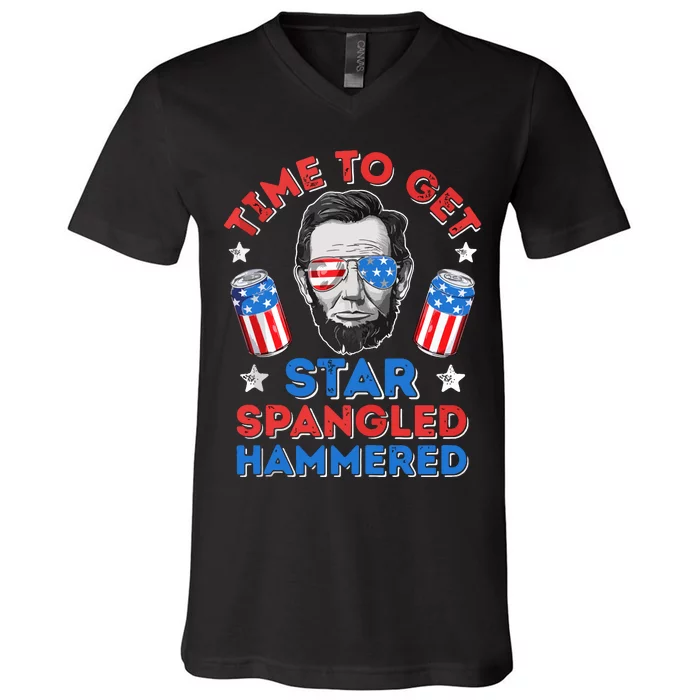 Time To Get Star Spangled Hammered Beer USA Flag 4th Of July V-Neck T-Shirt