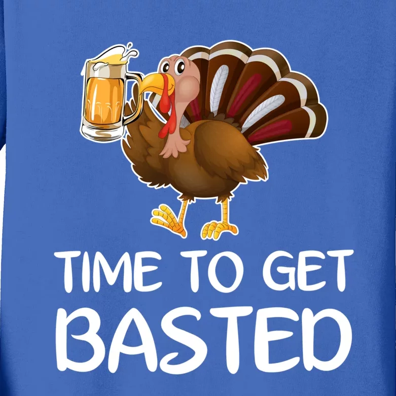 Time To Get Basted Turkey Beer Funny Thanksgiving Gift Kids Long Sleeve Shirt