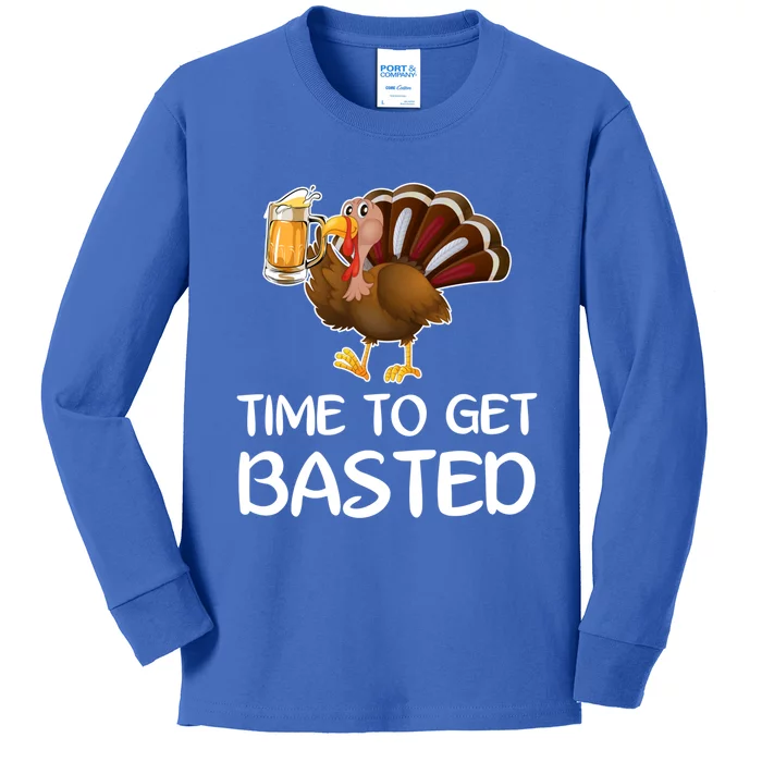 Time To Get Basted Turkey Beer Funny Thanksgiving Gift Kids Long Sleeve Shirt