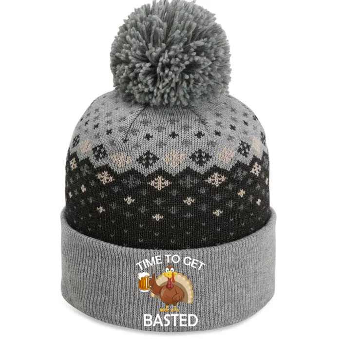 Time To Get Basted Thanksgivingturkey Holding A Beer Gift The Baniff Cuffed Pom Beanie