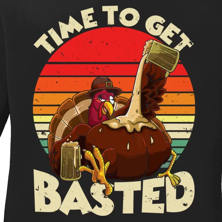 Time To Get Basted Funny Beer Thanksgiving Turkey Gift Ladies Long Sleeve Shirt