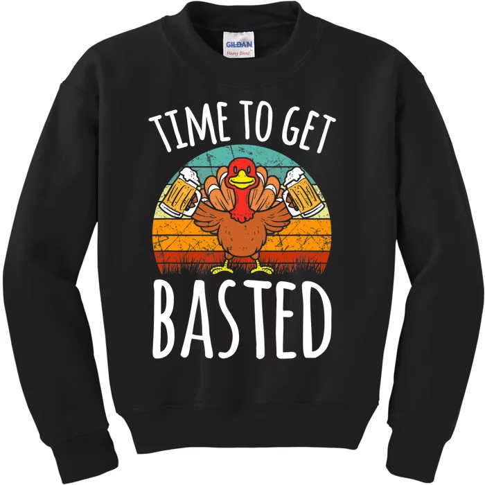 Time To Get Basted Funny Thanksgiving Cool Turkey Beer Drink Kids Sweatshirt