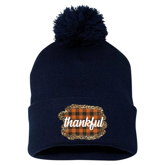 Thankful Thanksgiving Holiday Cheetah Plaid Pom Pom 12in Knit Beanie