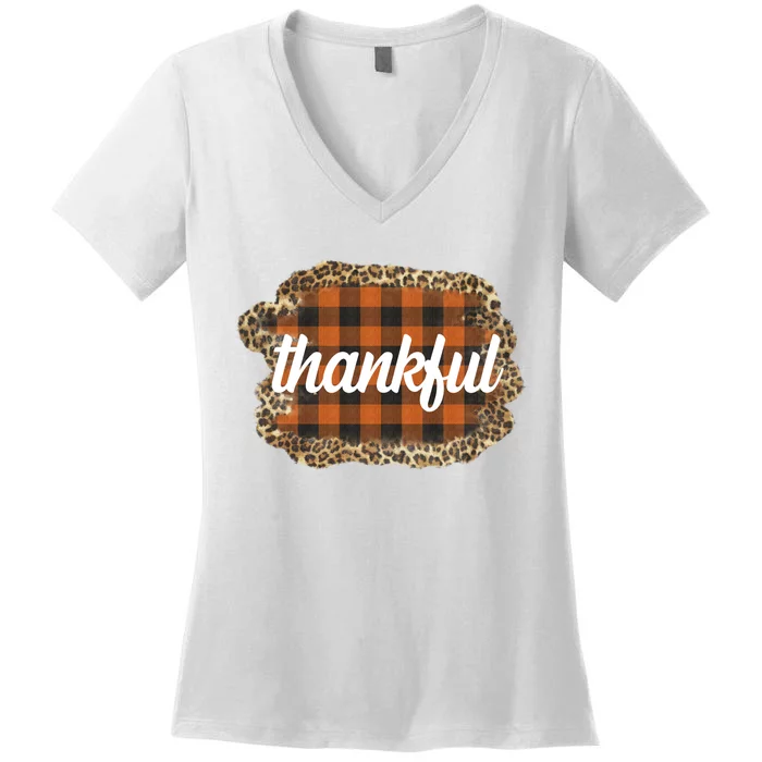 Thankful Thanksgiving Holiday Cheetah Plaid Women's V-Neck T-Shirt