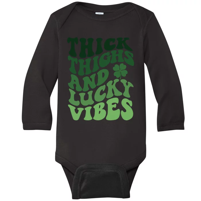 Thick Thighs Irish Vibes Retro St Paddy Baby Long Sleeve Bodysuit