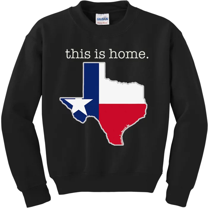 Texas This Is Home with State Outline and Texas Flag Kids Sweatshirt