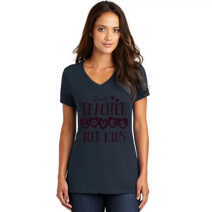 This Teacher Loves Her Hearts School Valentines Day Women's V-Neck T-Shirt