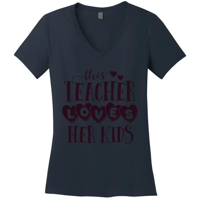 This Teacher Loves Her Hearts School Valentines Day Women's V-Neck T-Shirt