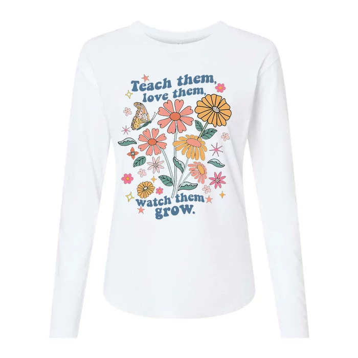 Teach Them Love Them Watch Them Grow Retro Teacher Floral Womens Cotton Relaxed Long Sleeve T-Shirt