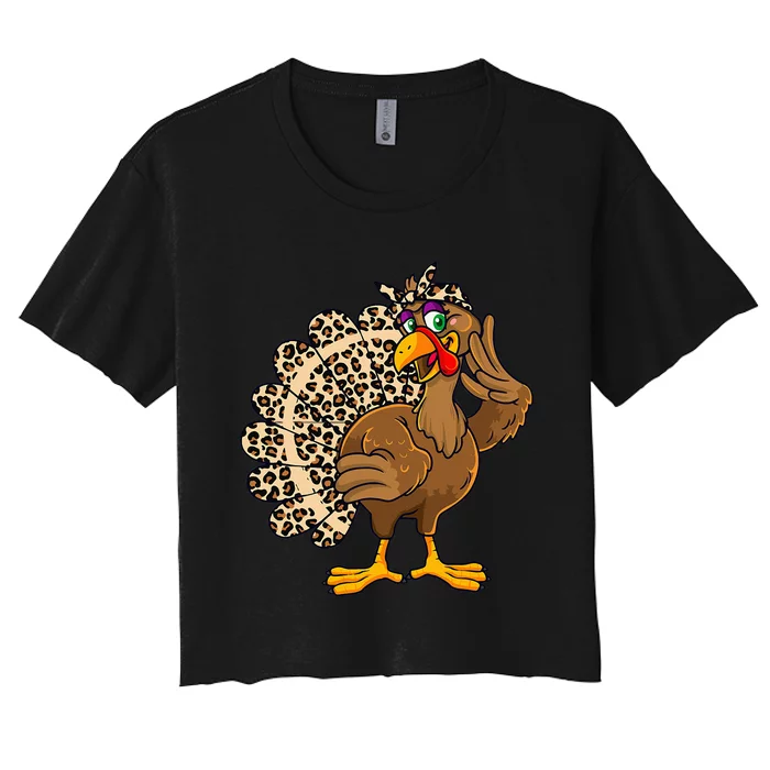 Thanksgiving Turkey  Leopard Print Autumn Fall Women's Crop Top Tee