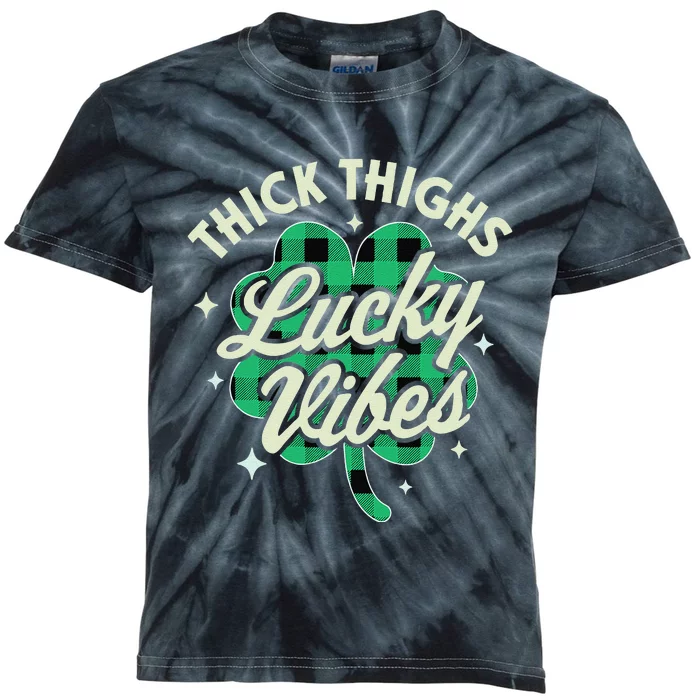 Thick Thighs Lucky Vibes Buffalo Plaid Saint Patrick's Day Kids Tie-Dye T-Shirt