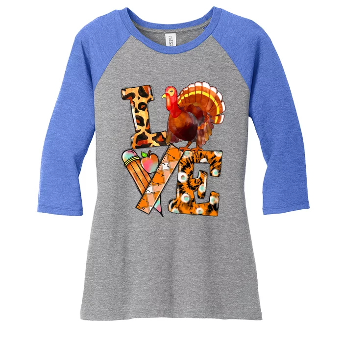 Thanksgiving Teacher Life Turkeys Love Leopard Fall Vibes Great Gift Women's Tri-Blend 3/4-Sleeve Raglan Shirt