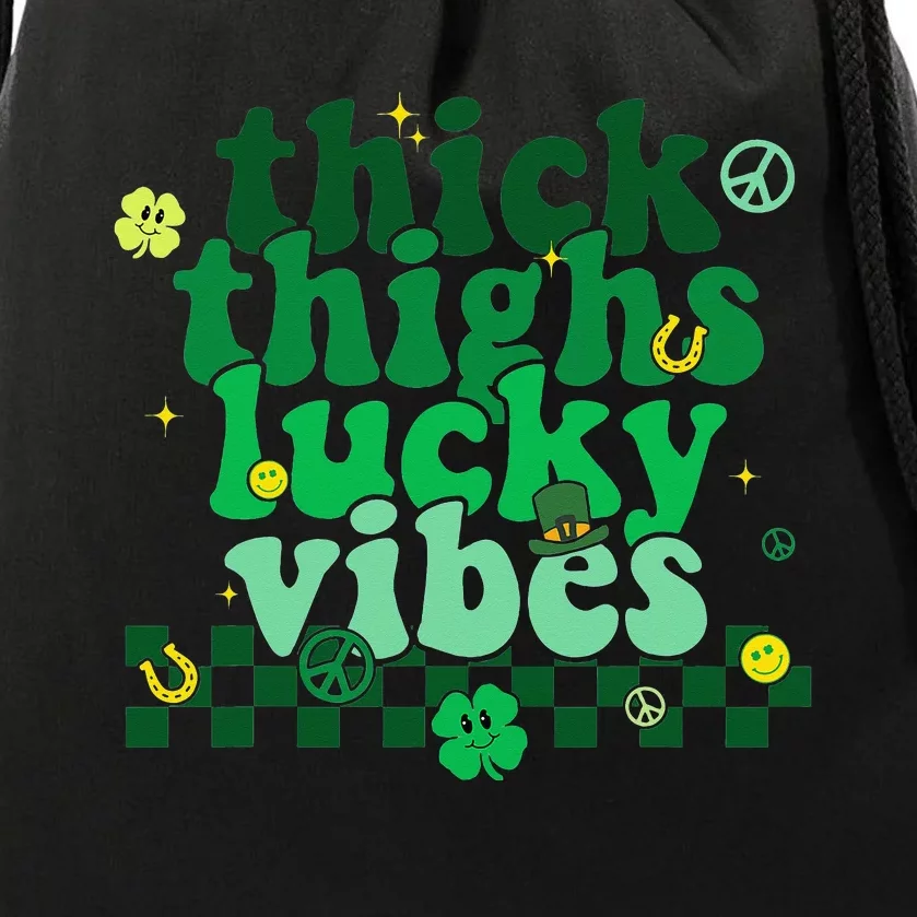 Thick Thighs Lucky Vibes Groovy St Patricks Day Irish Drawstring Bag