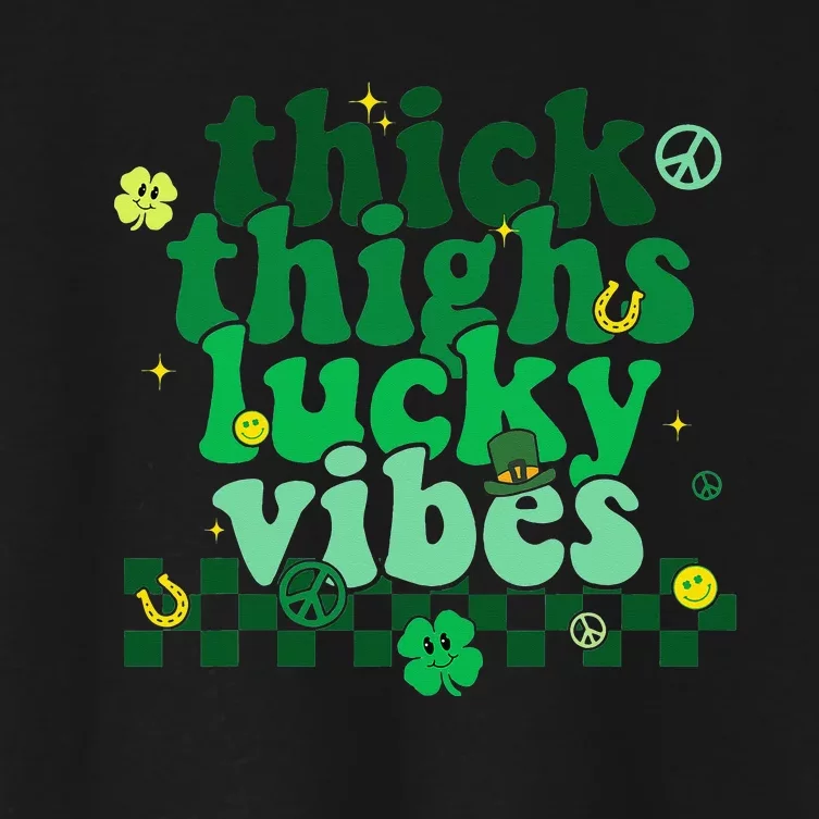 Thick Thighs Lucky Vibes Groovy St Patricks Day Irish Women's Crop Top Tee