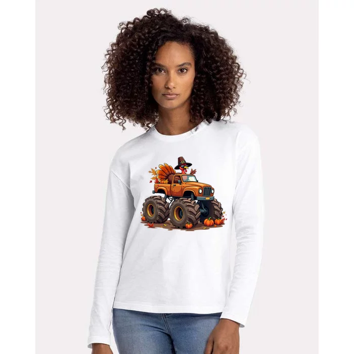 Thanksgiving Turkey Monster Truck Womens Cotton Relaxed Long Sleeve T-Shirt