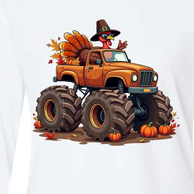 Thanksgiving Turkey Monster Truck Womens Cotton Relaxed Long Sleeve T-Shirt