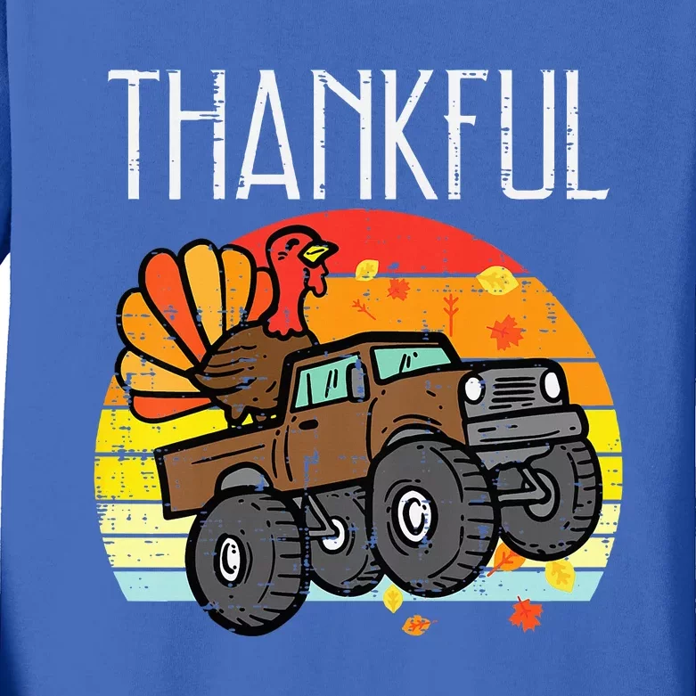 Thankful Turkey Monster Truck Retro Thanksgiving Kids Long Sleeve Shirt