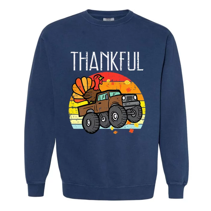 Thankful Turkey Monster Truck Retro Thanksgiving Garment-Dyed Sweatshirt