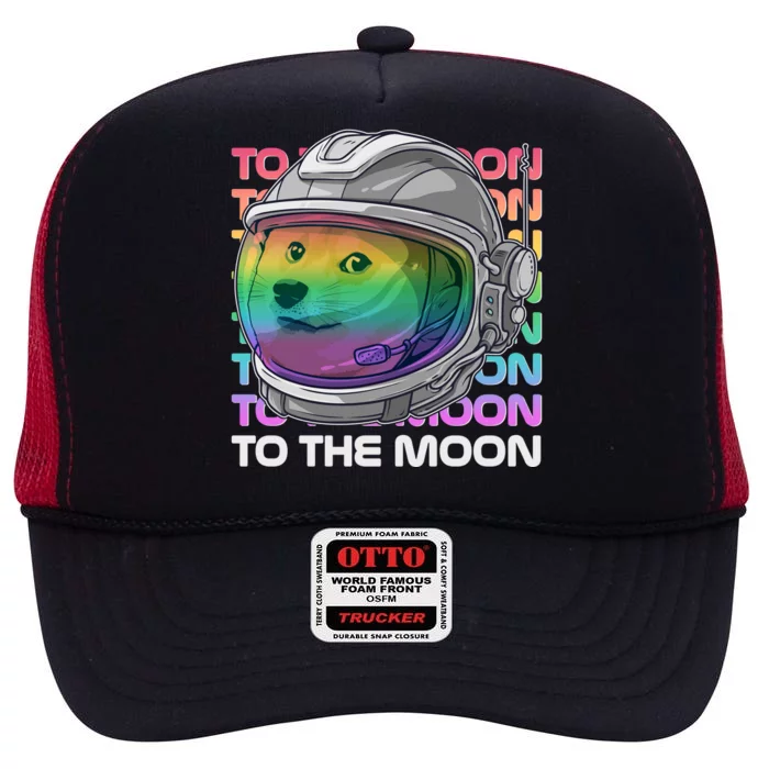 To The Moon Colorful Astronaut DOGE Cryptocurrency High Crown Mesh Trucker Hat