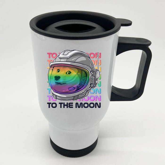 To The Moon Colorful Astronaut DOGE Cryptocurrency Front & Back Stainless Steel Travel Mug