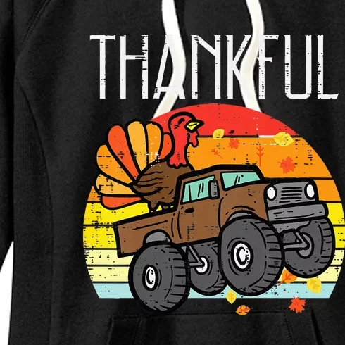 Thankful Turkey Monster Truck Retro Thanksgiving Women's Fleece Hoodie