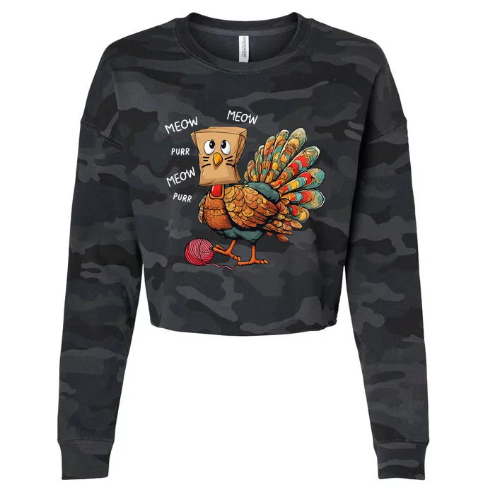 Thanksgiving Turkey Meow I'm a Cat Funny Thanksgiving Cropped Pullover Crew